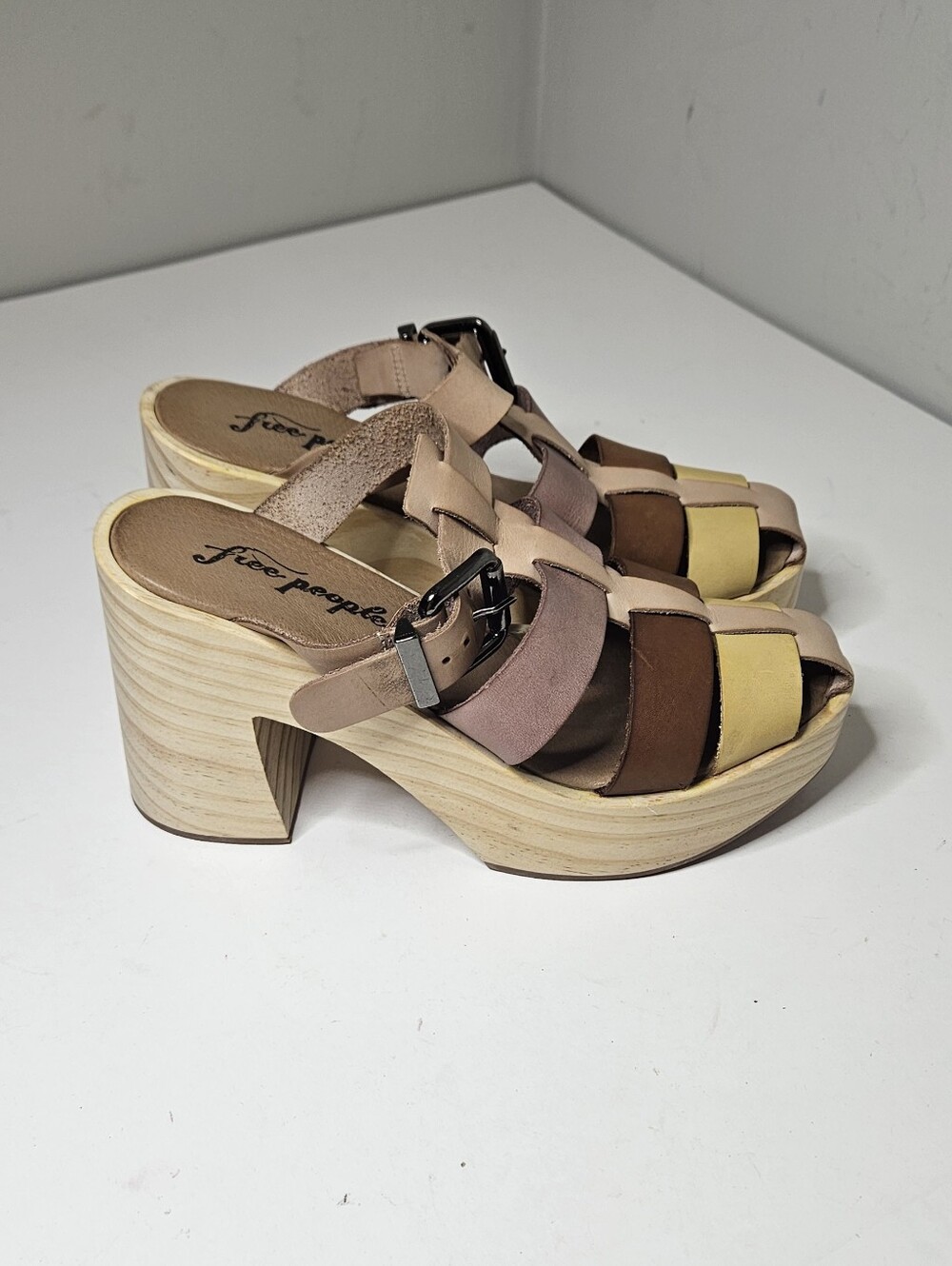 Free People Bellevue Clogs Wooden Platform Fisherman Straps Brown 36 6
